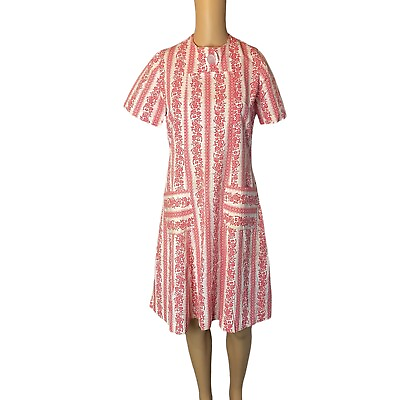 #ad #ad Vintage 60s Red White Floral Shift Cotton Day House Dress w Pockets S