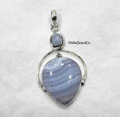 #ad 925 Sterling Silver Blue Lace Agate Pendant Statement Pendant Bridesmaid Gift