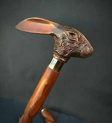 #ad Victorian Antique Rabbit Head Handle Vintage Designer Wooden Walking Cane Sticks