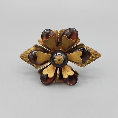 #ad Antique Amethyst Glass Gilt Brass Flower Brooch Pin