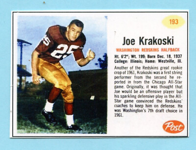 #ad 2022 1962 Style Cereal Football Card # 193 Joe Krakoski Redskins
