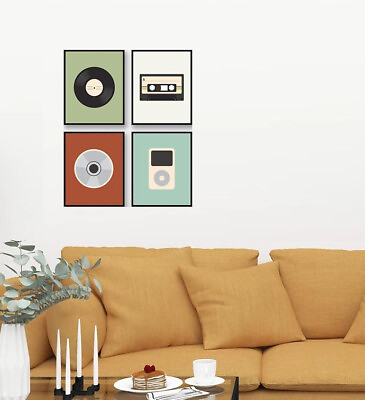 Wall Art Home Studio Decor Music Media LP CD Tape MP3 Player Wall Art 4 Prints