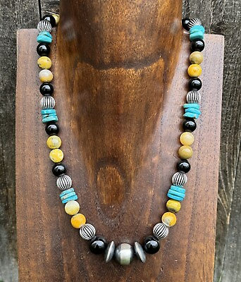 #ad Sterling Silver Multi Stone Turquoise Onyx BumblebeeJasper Bead Necklace 18 inch