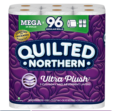 24 Mega = 96 REGULAR ROLLS 3Ply Quilted Northern Ultra Plush Toilet Paper FIRM