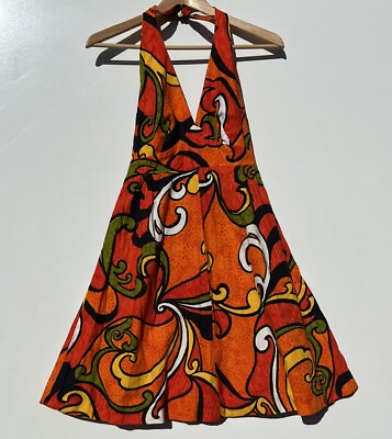 #ad VTG 60s Hukilau Fashions Sz 10 Hawaiian Halter Midi Dress Tie Behind Neck Orange