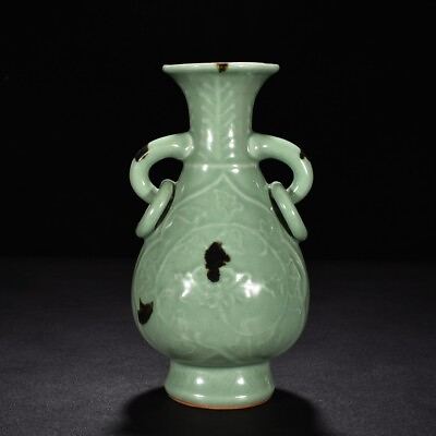 #ad 9.2quot; china antique song dynasty longquan kiln porcelain flower double ear bottle