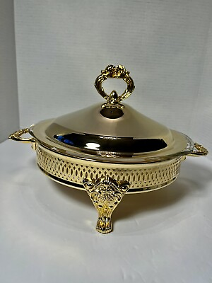#ad Pyrex 3pc Gold Covered Serving Dish Ornate Handled Lid amp; Footed Stand Beautiful