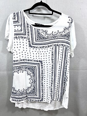 #ad Anne French Size Large White amp; Navy Blue Short Sleeve Bandanna Print Top Paisley