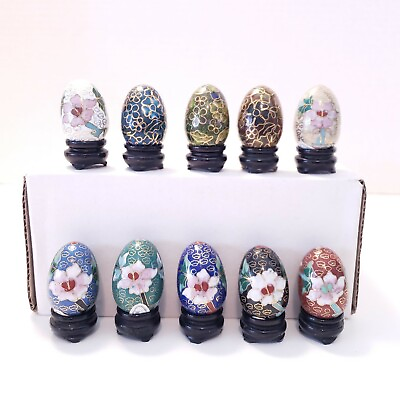 Vintage Set 10 Miniature Floral Cloisonné Eggs w Black Wooden Stands 1.375quot;