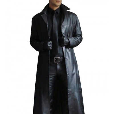 Men Leather Trench Pu Long Coat Single Breasted Slim Lapel Windbreaker Jacket