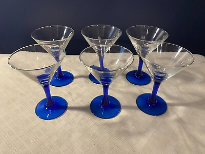 Luminarc France Set of 6 Vintage Cobalt Blue Stem Martini Glasses 5.25quot; Tall