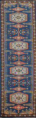 #ad Unique handmade Tribal Navy Blue 10 ft Runner Rug wool Plush Pile 9#x27; 10 X 2#x27; 7quot;