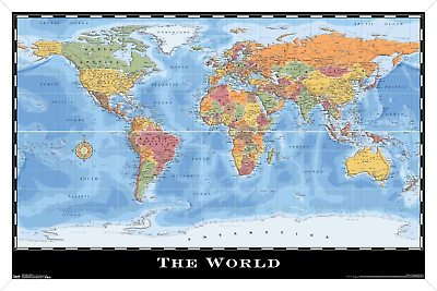 #ad Map World Wall Poster 22.37quot; X 34.00quot; White Framed Version