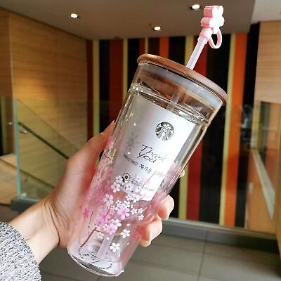 #ad Starbucks Tumbler Pink Sakura Double Glass Straw Cup 591 ml Cherry Blossom Plug