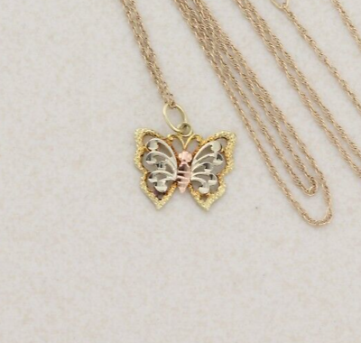 #ad 14k Yellow Gold White Gold Rose Gold Butterfly Necklace 18quot; Chain