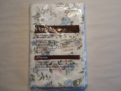 #ad VTG JCPenney No Iron Percale Standard Pillowcases NIP Blue Floral discontinued