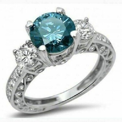#ad 2.65Ct Round Cut Blue Diamond Three Stone Engagement Ring 14k White Gold Plated