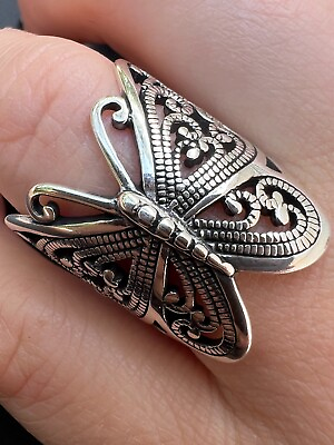 #ad Solid 925 Sterling Silver Large Butterfly Ring Oxidized Rhodium Vintage Finish
