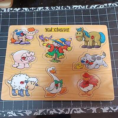 #ad USED wooden puzzle OT classroom Farm scarecrow cow pig goose sheep dog horse peg