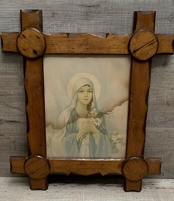 ANTIQUE PICTURE FRAME Wooden Antique Vintage Maple Walnut w Photo of MARY 14x17