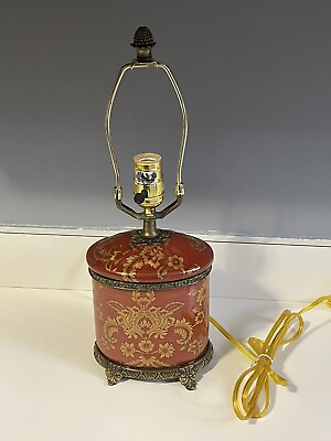 Redamp;Gold Brass amp; Ceramic Porcelain Oval Birds amp; Floral Motif Table Lamp