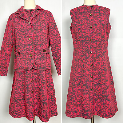 Vintage 1970s Dress amp; Jacket 2 Piece Set Mod Style Gray amp; Red Abstract MEDIUM