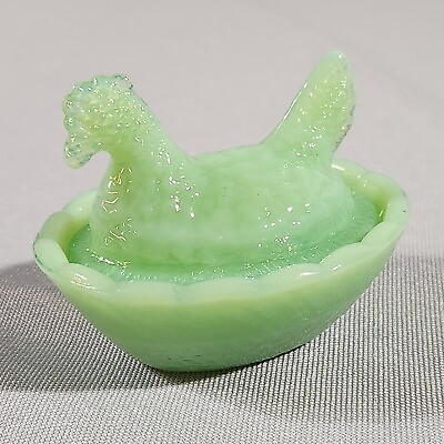 #ad Jadeite Jadite Green Glass Miniature Hen on Nest Salt Cellar Trinket Dish