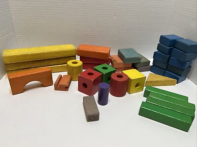 #ad #ad Vintage Wooden Building Blocks Various Shapes amp; Colors Childs toy lot of 35