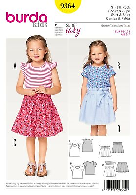 Burda 9364 Girls Skirt Sewing Pattern Super Easy Beginners Sizes 2 3 4 5 6 7