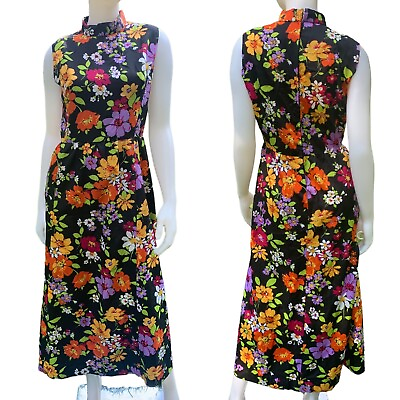 #ad Vintage 70s Floral Maxi Dress Sleeveless Long Hostess Floral Black Multi