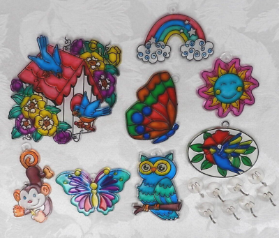 #ad 8 quot;Stained Glassquot; Suncatchers Painted Plastic Birds Owl Monkey Rainbow Butterfly