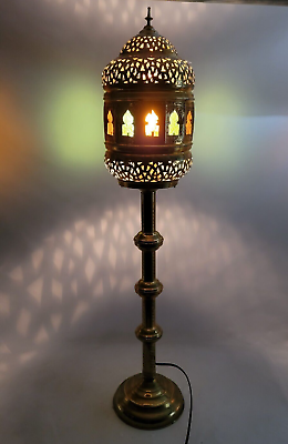 #ad UNIQUE BRASS FLOOR LAMP ENCLOSED BRASS SHADE MULTICOLORED ASIAN INDIAN MOTIF