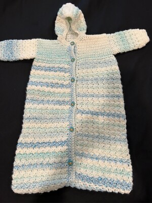 #ad Hand Crocheted Blue White Striped Knit Baby Bunting Gown Hood One Size Buttons
