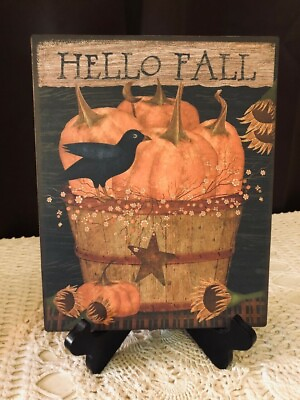 HELLO FALL Primitive Basket Pumpkins Crow Sunflower Handcrafted Plaque