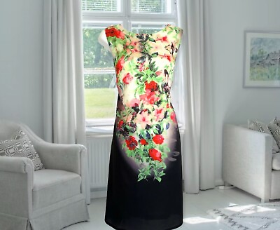 Size 12 dress Black Red Floral butterfly lined Kaleidoscope knee length VGC