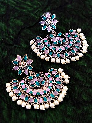 #ad Oxidized Silver Multicolor Chand Bali with Pearls Women jhumka Jhumki Earrings