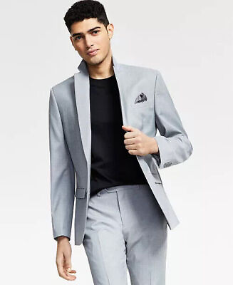 #ad BAR III Men#x27;s Slim Fit Sharkskin Suit Jacket Light Grey 40L 2 Button