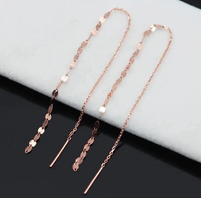 #ad Real Solid Rose Gold Women Lucky Lip Chain Tassels Dangle Earrings Line