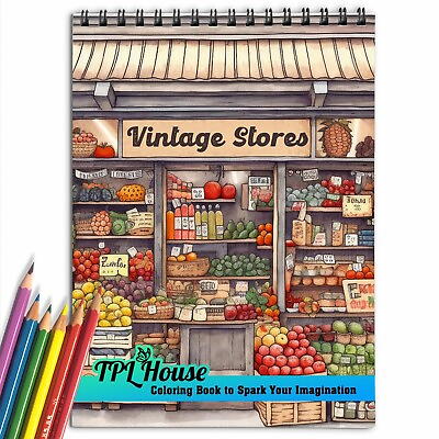 #ad Vintage Stores Spiral Bound Coloring Book the Cozy and Quaint Ambiance