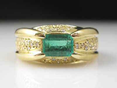 Emerald Diamond Ring 18K Yellow Gold Pave 1.05ctw Estate Vintage Genuine Jewelry