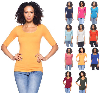 #ad Women#x27;s Basic Seamless Stretch Scoop Neck 3 4 Sleeve Fitted Top T Shirt Solids