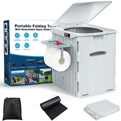 #ad XL Portable Foldable Camping Toilet with Lid Phone Shelf and Paper Holder