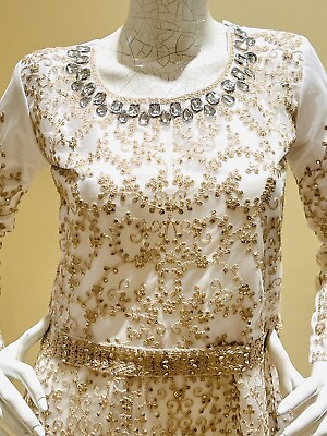 #ad Bollywood Inspired Golden Lace work White Patiala Salwar Kamiz Ethnic Dress Sz S