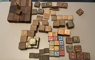 Antique Wood Children#x27;s Blocks 1920#x27;s Approx 75 Alphabet Numbers etc. Diff Sizes