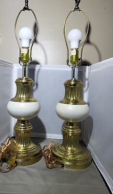 Vintage Alsy Table Lamp Pair Mid Century Brass Ceramic Neoclassical Style Beige.