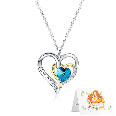 #ad 925 Silver #x27;I love you Mom#x27; CZ Blue Crystal Heart Necklace for Mother#x27;s Day Gift