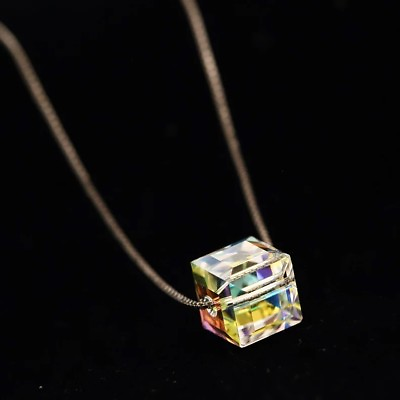 925 Sterling Silver Genuine Swarovski Element Crystal Cube Drop Pendant Necklace