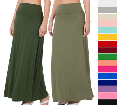 #ad Women#x27;s Fold Waist Maxi Skirt Casual Lounge Solid Jersey Knit Relaxed Long Basic