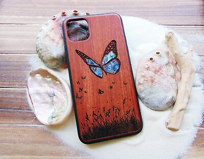 Butterfly design wooden phone case with abalone inlay