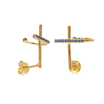 #ad Sterling silver 925 Climbing Cross Earrings Gold Plated Blue CZ Earrings E48